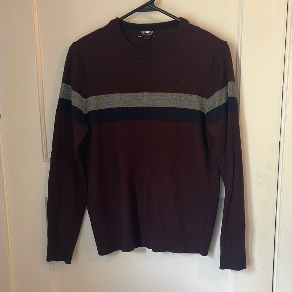 Express Men's Maroon Sweater with Gray and Blue Accents